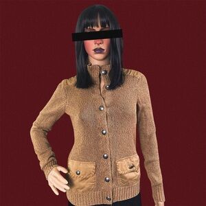 Lauren jeans co tan button front cotton turtleneck sweater cardigan size small